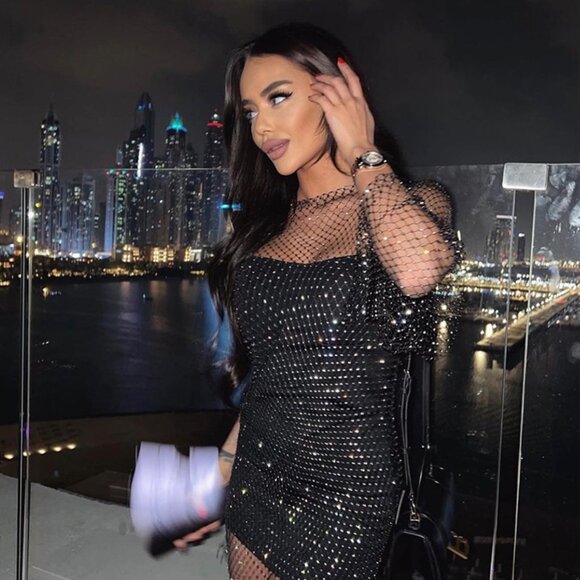 Nightclub Sexy Dress See-Through Mesh Long Sleeve Fishnet Sheer Dress Black - Picture 6 of 7